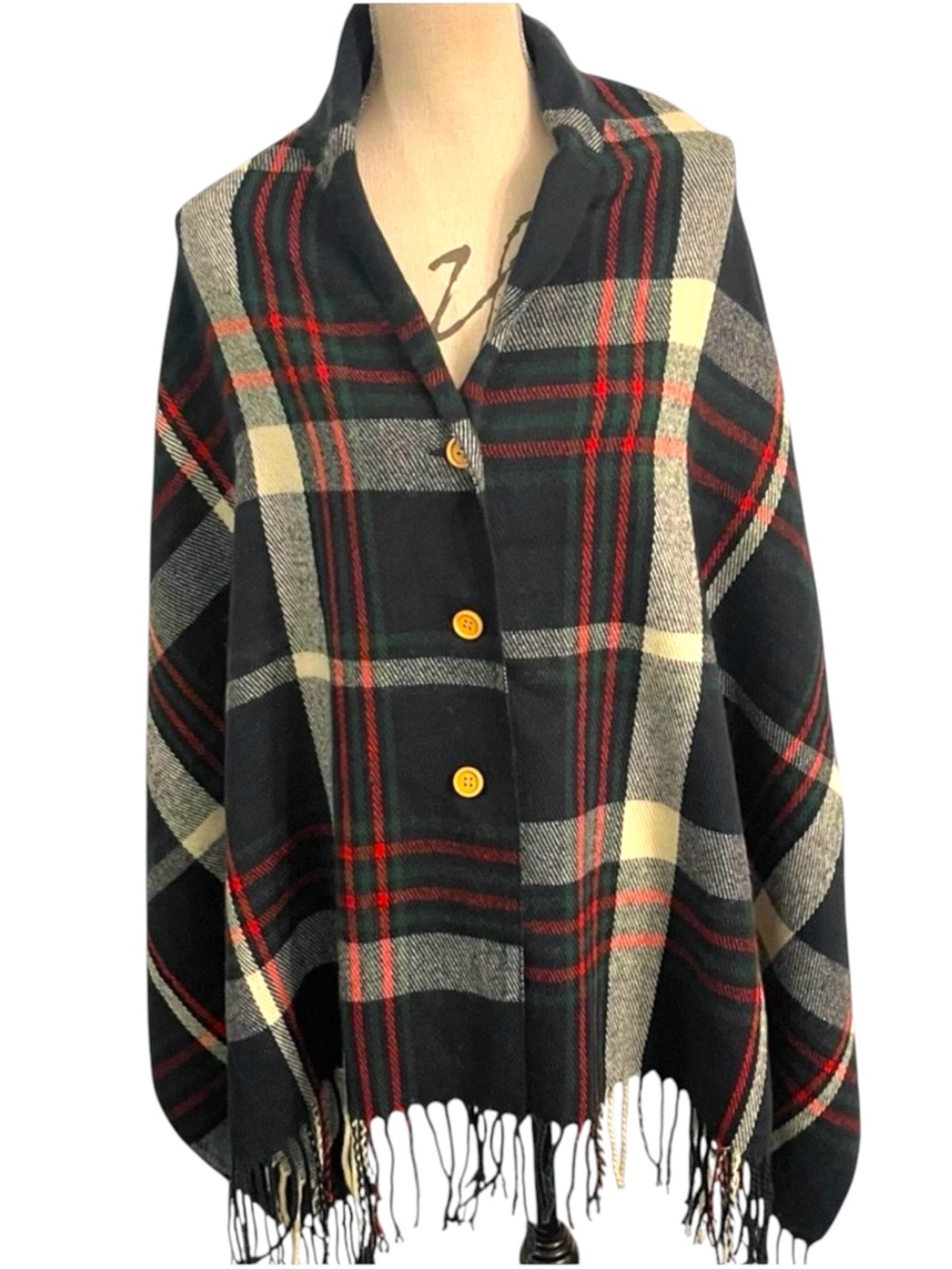 Navy/Cream/Red/Green Plaid Wool Blend Button Up Scarf Wrap Shawl